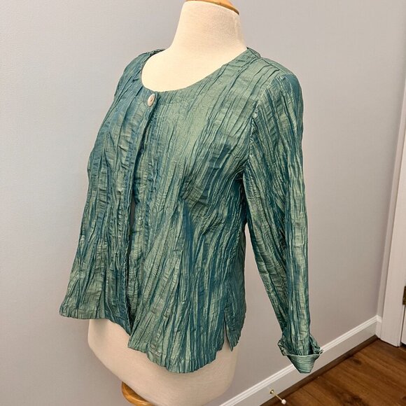 NEW Kathleen Sommers Shirt Jacket Crinkle Iridescent Artsy Green Teal Sz M - Picture 2 of 12